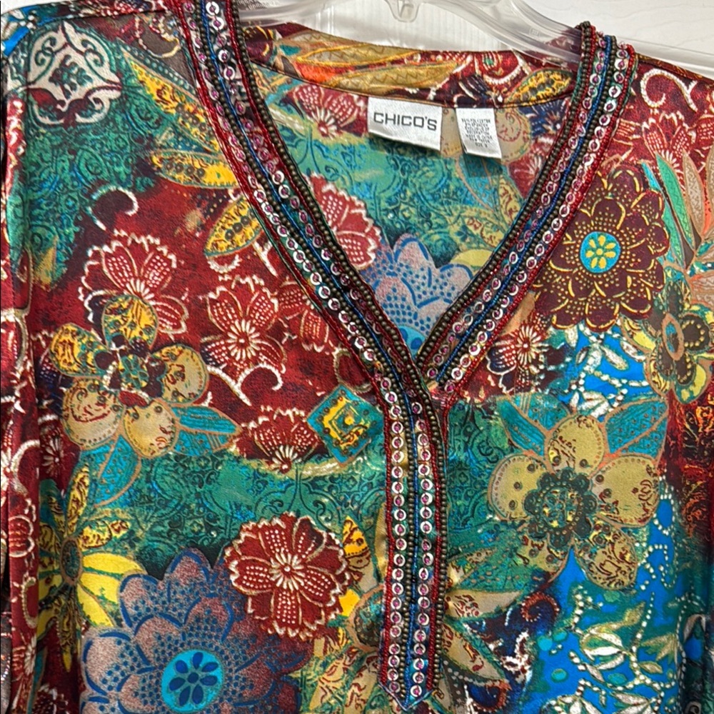 Chico's Red and Blue Graphic Long Sleeve Blouse